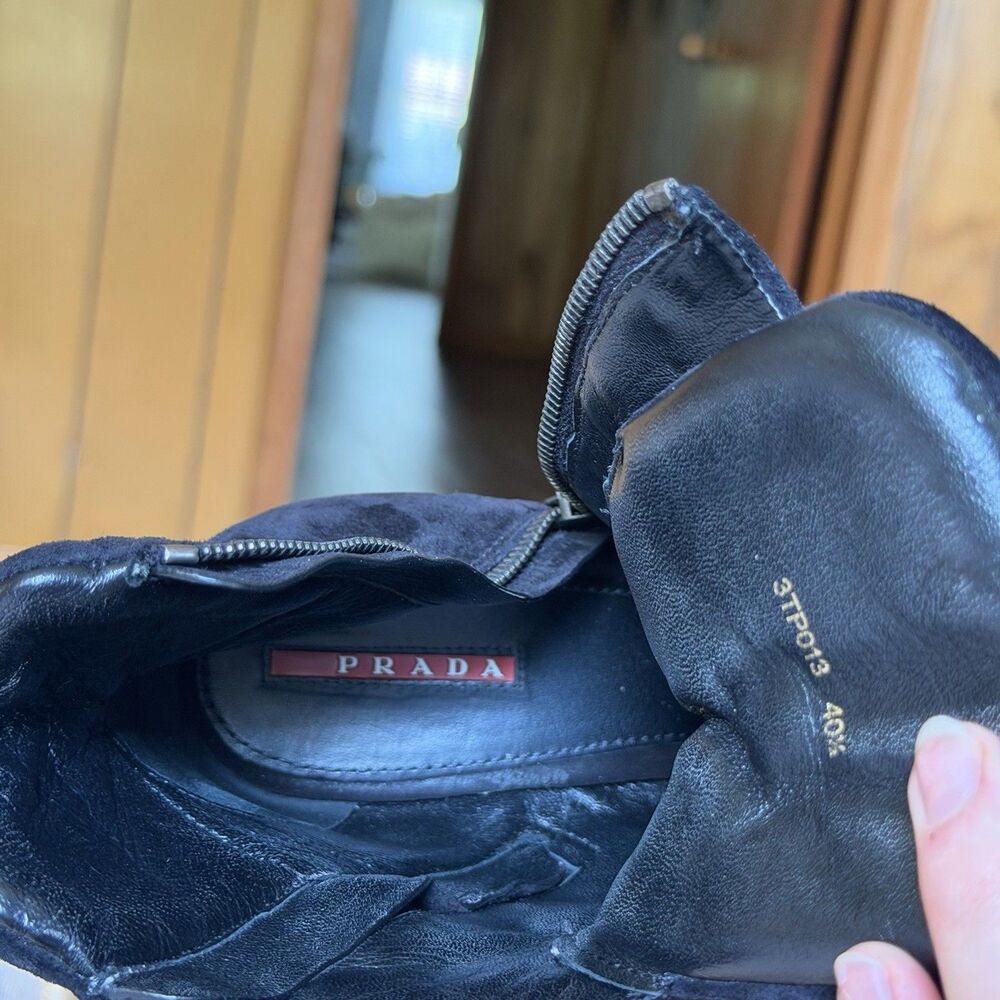 Vintage Prada Moto Boots Black Suede Buckle Strap Lug Sole Women Eu 40.5 - Picture 12 of 16